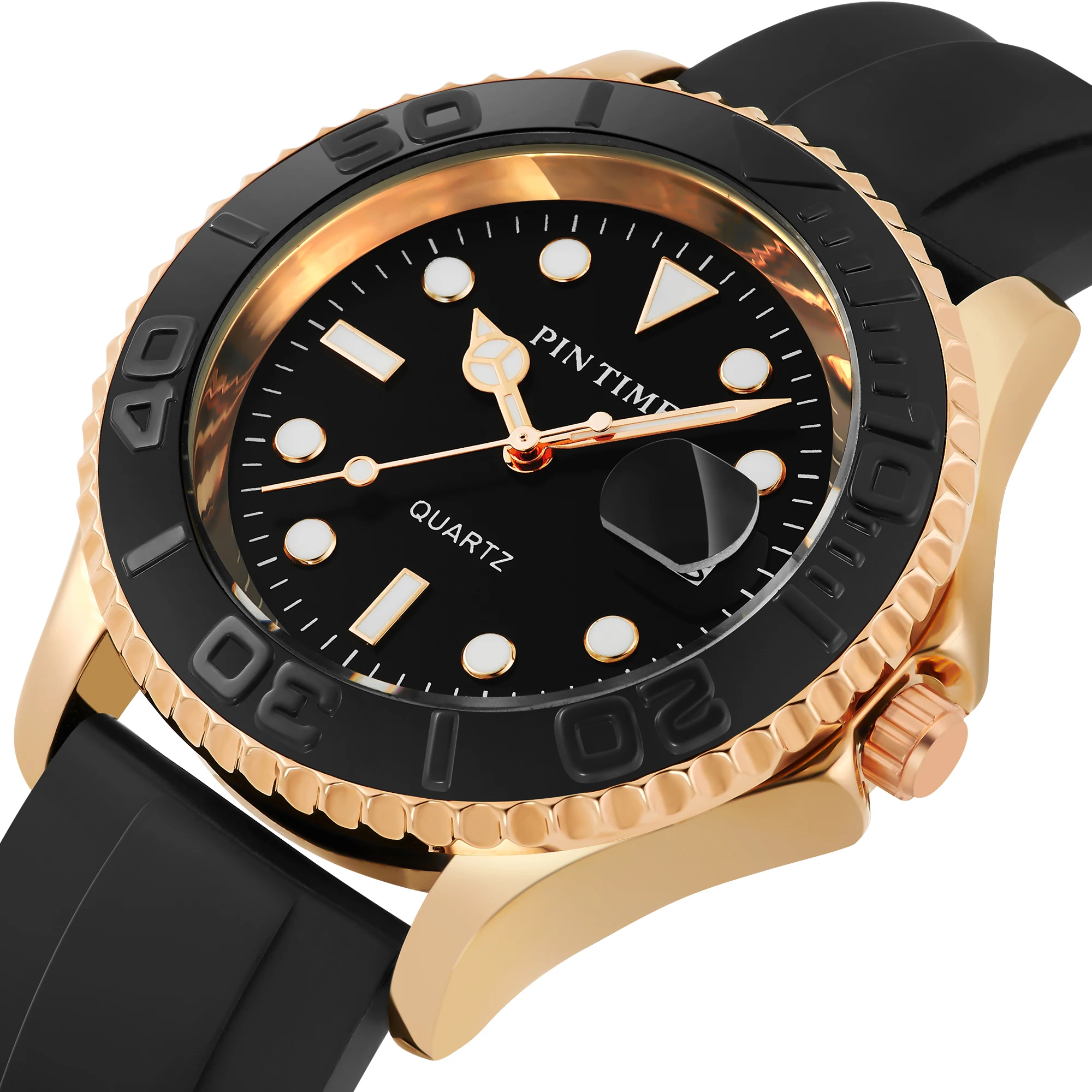 PINTIME Watches Luxury Men Sports Fashion Quartz Wristwatch Silicone Strap Stainless Steel Cover Leisure Waterproof Date Reloj