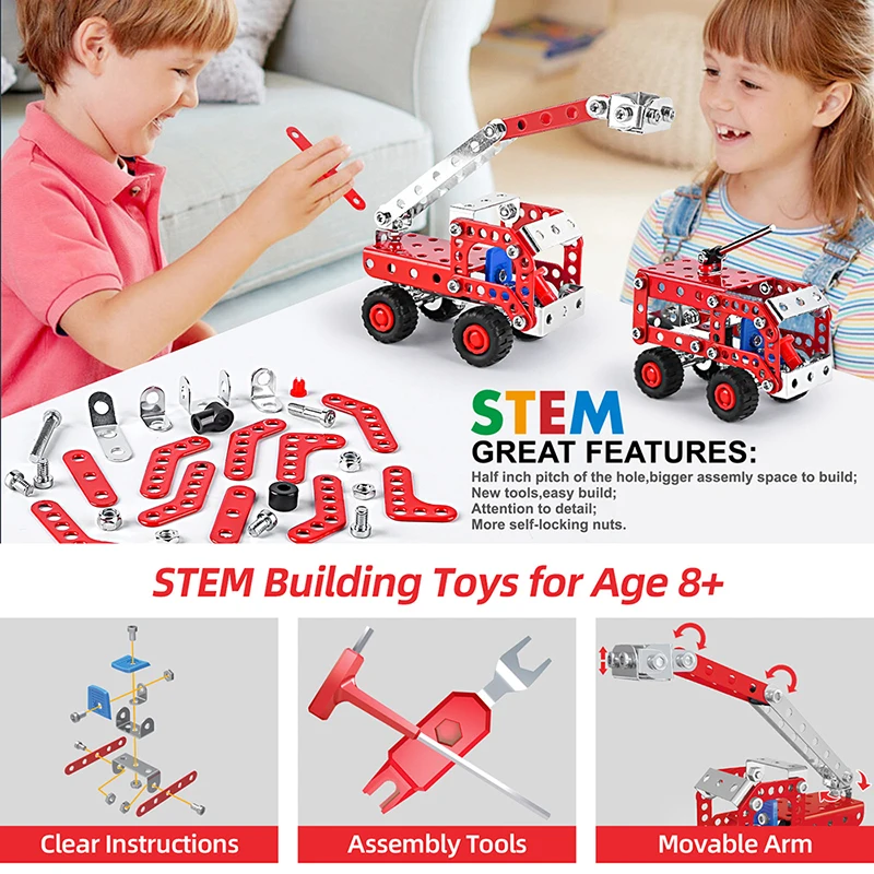 Metal Assembly Building Block Fire Truck Model Crane Excavator Bulldozer Engineering Vehicle Set DIY Screw Nut Alloy Toy for Boy assemble toy building block toy