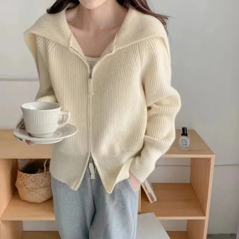 Sueter Mujer Invierno 2024 Korean New Sweater Women Sailor Collar Solid Long Sleeves Knitted Cardigan Fashion Chic Jacket XK236 5