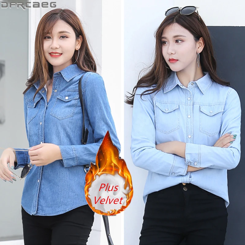

Autumn And Winter Warm Women Tops Casual Long Sleeve Blouse Button Up Plus Size Denim Shirts Thicken Velvet Outerwear Jean Coats