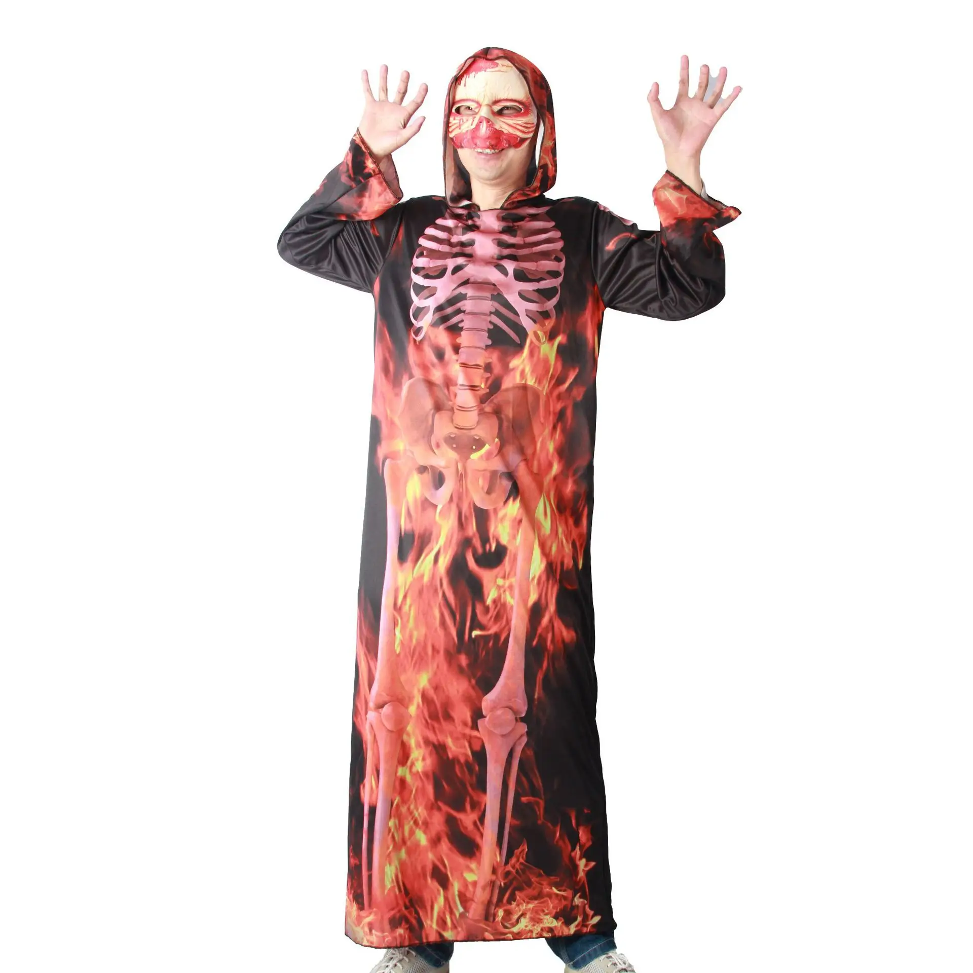 

Halloween Grim Reaper Bodysuit Horror fire Death Cosplay Black Cloak Costume kid adult