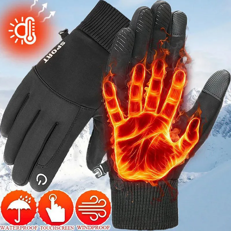 Black Winter Full Fingers Thermal Gloves Lining Windproof and Waterproof Cycling Gloves Motorcycle Ski Touch Screen Fleece Glove