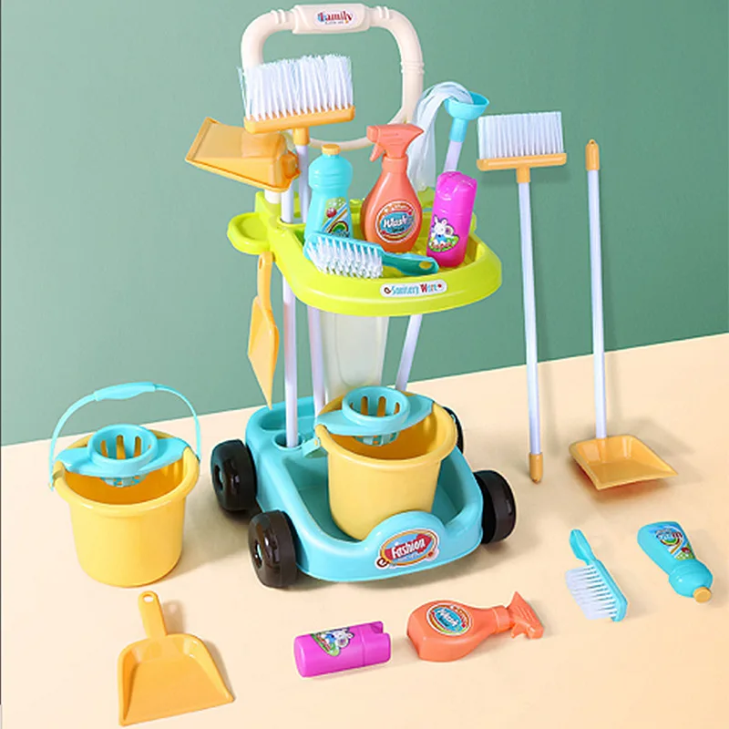 Kids Cleaning Toy Set with Broom Dustpan Mop Spray Bottle Pretend Play House Cleaning Cart Toy Children Educational Toys Gifts 2