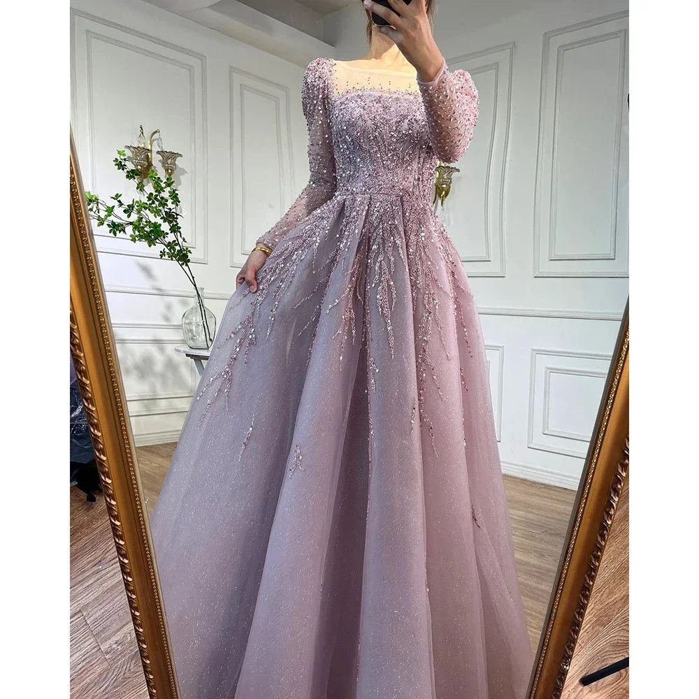 337258-2c1649.jpg Scb2d8ce0c4a746adad6d734a41d5748fr Muslim Pink A Line Beaded Luxury Dubai Long Evening Dresses Gowns, for Woman Wedding Party Mallzona