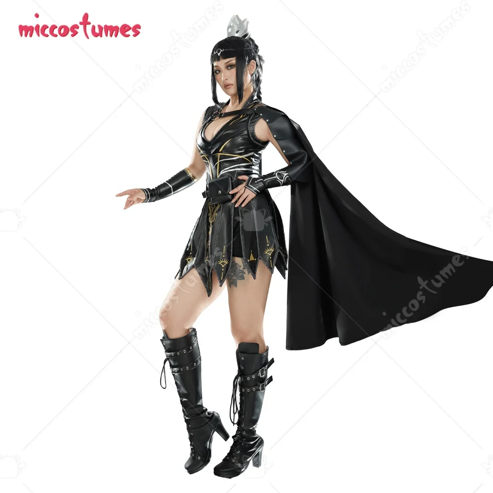 Damen Shadowheart Derivative Battle Suit Schwarzes Deep V Lederkleid mit Cape und Unterteilen Cosplay Kostüm 2