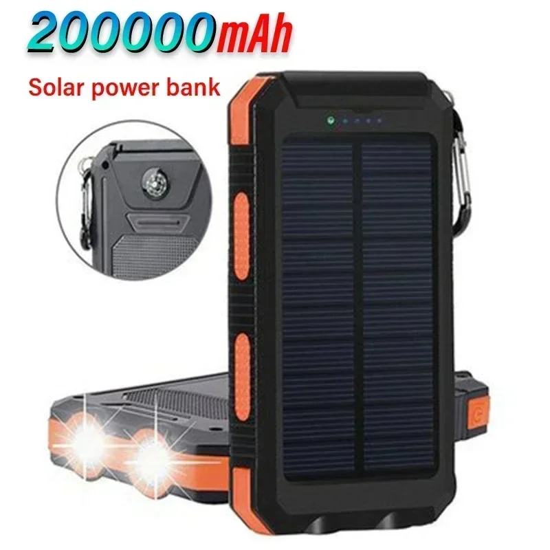 New Solar Power Bank Portable Waterproof Large Capacity 200000mah Fast Charging External Battery Power Super Bright Flashlight