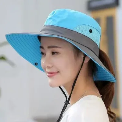 Women's Outdoor Large Brim Ponytail Fishing Hat with Quick Drying and Sun Protection Perfect for Beach Traveling and Cycling