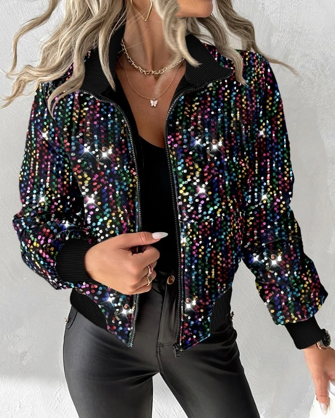 

Colorful Allover Sequin Zipper Design Puffer Jacket 2023 New Autumn Winter Women's Casual Stand Collar Contrast Paneled Jacket