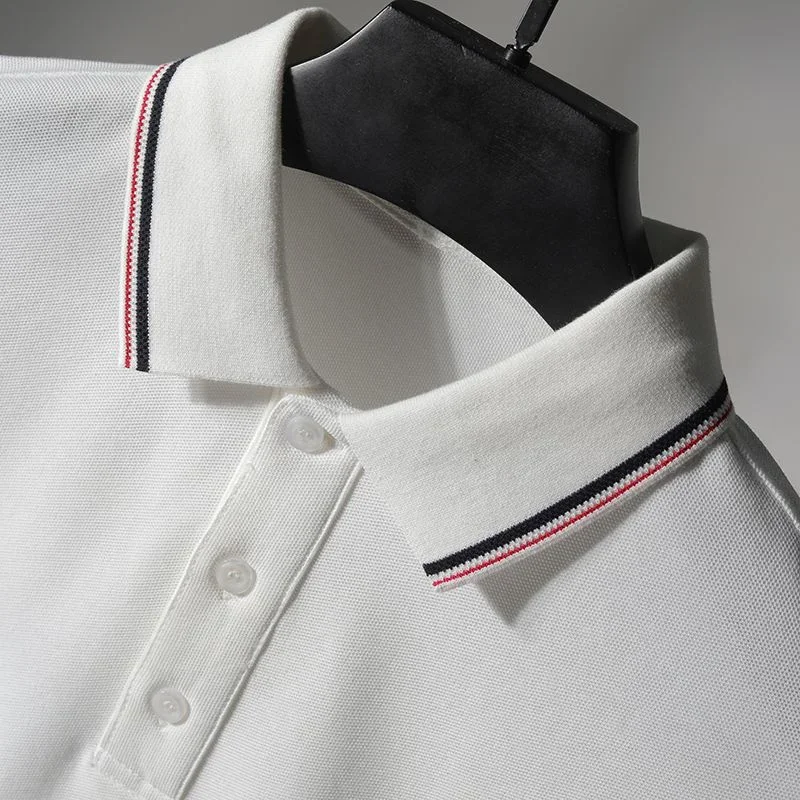 Men's Spring Summer Collared Polo Shirt Short Sleeve Pure Color Striped Buttoned Business Casual White Top for Fashionable Men 9 Scb2dcd1ff5234e3699aaf10486bc7a13M