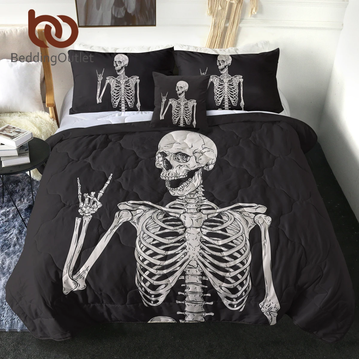 BeddingOutlet Colorful Skull Comforter Skeleton Pattern Bedding Set Quilt With Cushion Cover Bedroom Home Living Room Sofa Decor