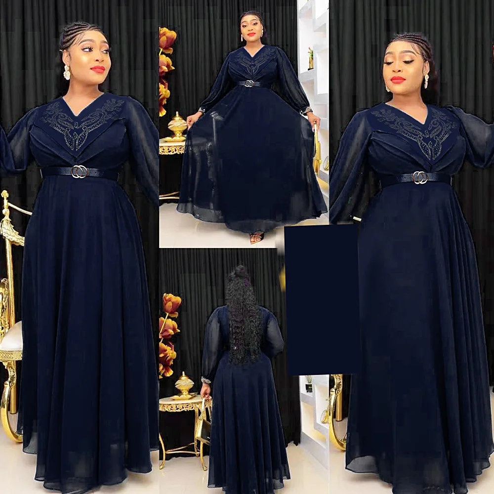

L-3XL 2023 Spring New Arrival African Women Long Sleeve V-neck Polyester Green Pink Red Long Dress Maxi Dress African Dresses