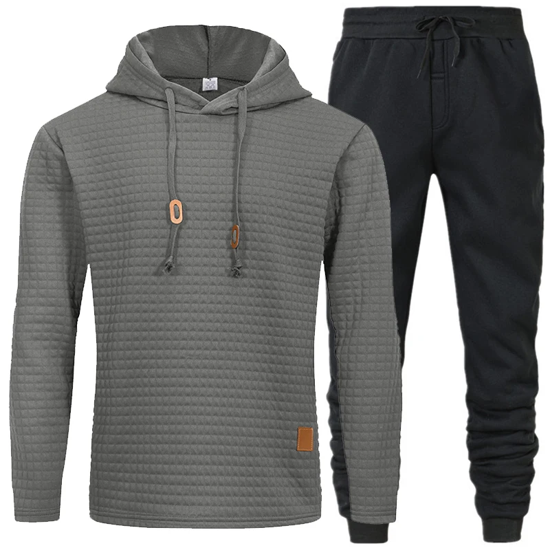 Men's Jacquard Set Long Sleeve Hoodie Hooded Sweatshirt Coat Men Fashion Sweat Set Casual Sportswear Male