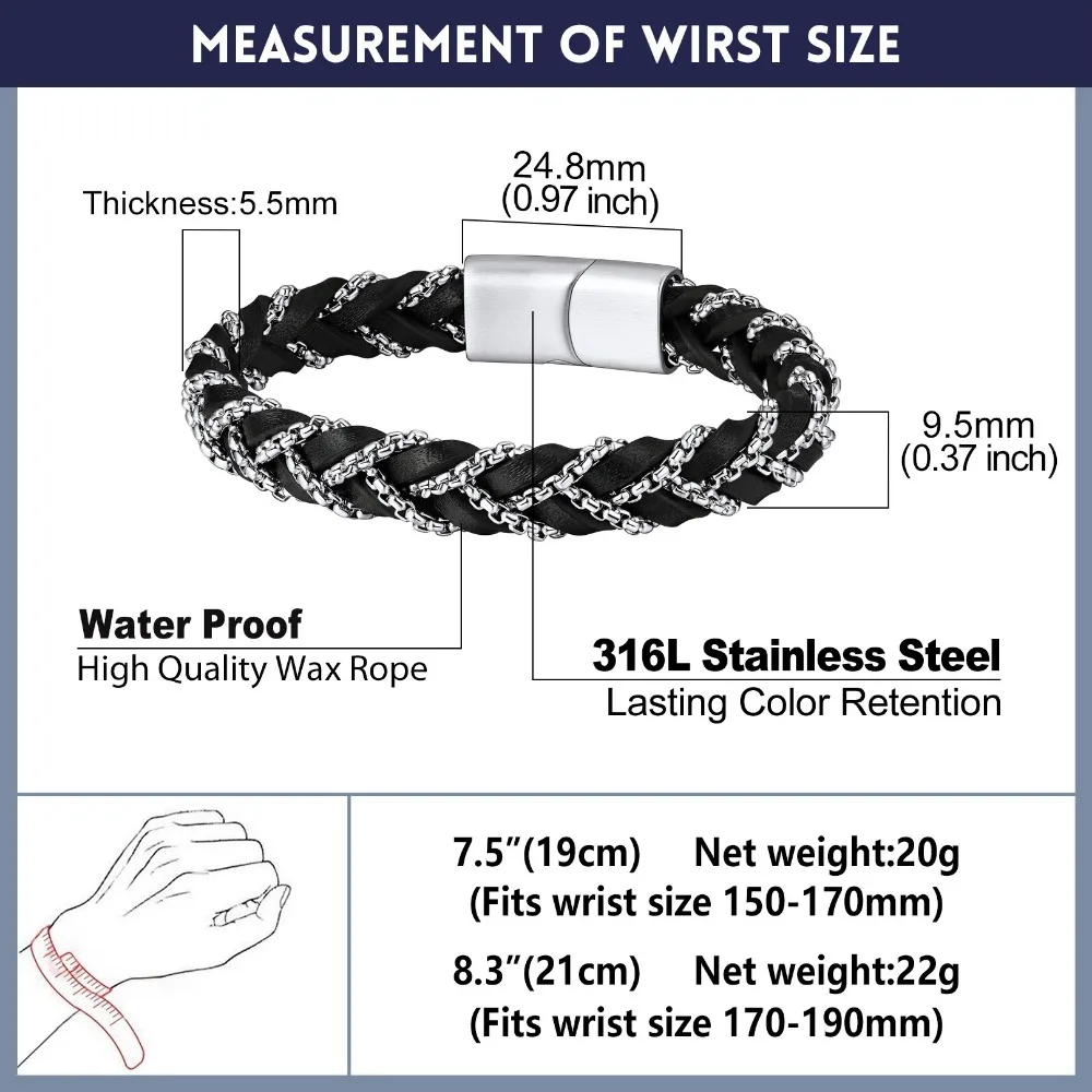 U7 Stainless Steel Chain Leather Braiding Bangle Bracelets for Man Woman 19/21cm Knitting Bracelet Couple Unisex Jewelry Gift