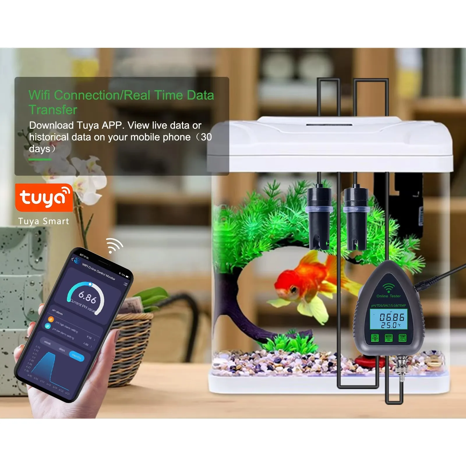 5-in-1 WiFi 스마트 PH TDS SG 온도 염도 측정기 APP 원격 제어 (수족관, 양식업, 수경재배용)