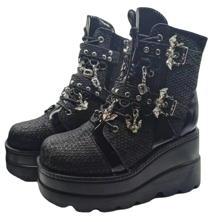 Thick soled women's boots 2023 new sloping heel bat decorative