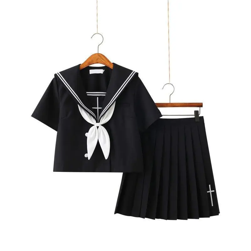 High School Girl Sailor Suits Cosplay Costume Cross Embroidery School Uniform Black Short Long Sleeve Japanese Anime Uniforms