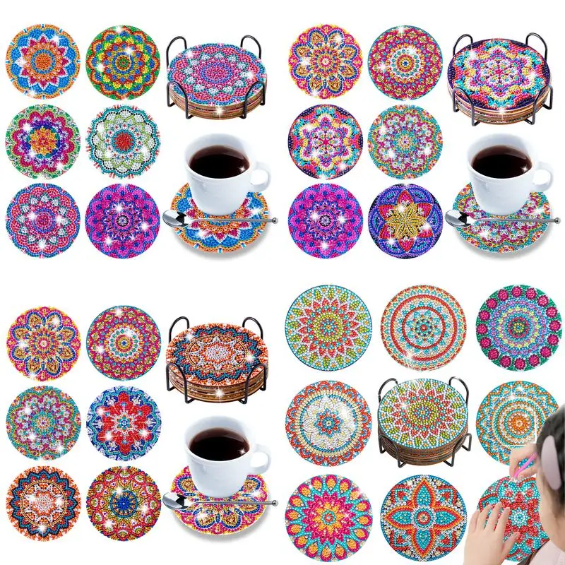 

SDOYUNO 6pc/sets DIY Diamond Painting Coaster with Holder Handmade Crystal Rhinestone Cup Mandala Diamond Drill Point Coasters