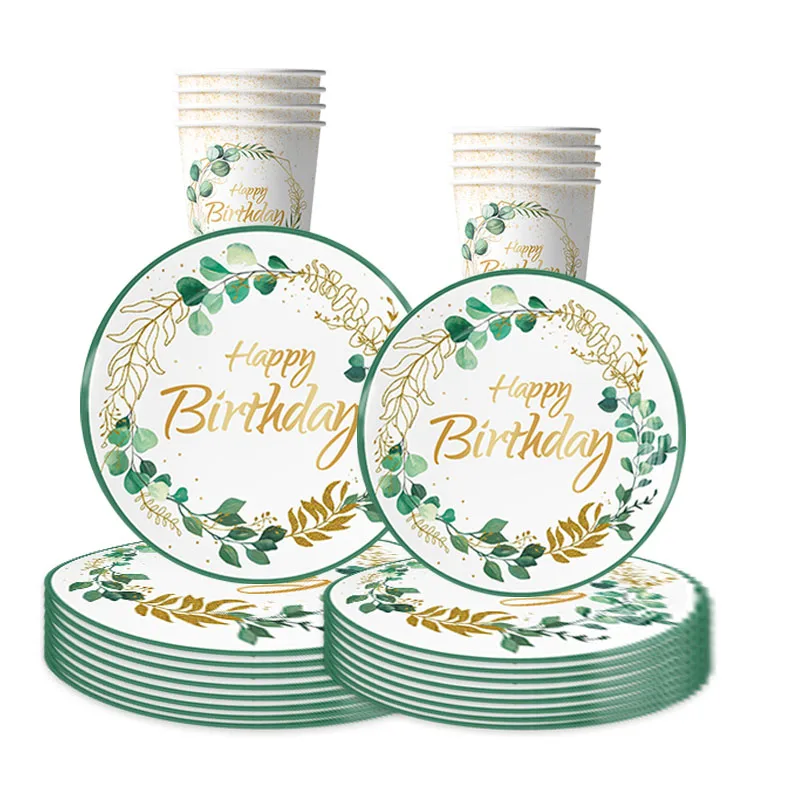 

10Guests Eucalyptus Theme Birthday Disposable Tableware Green Plants Gold Stamping Plates Cups Napkin Happy Birthday Party Decor