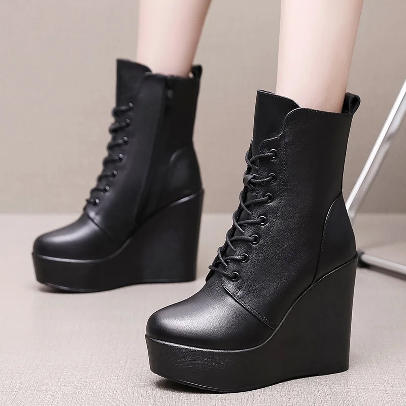 Fashion Warm Women Winter Boots Genuine Leather Platform Lace Zipper Boots Female Casual Winter Shoes Plush Ladie Ankle Boots