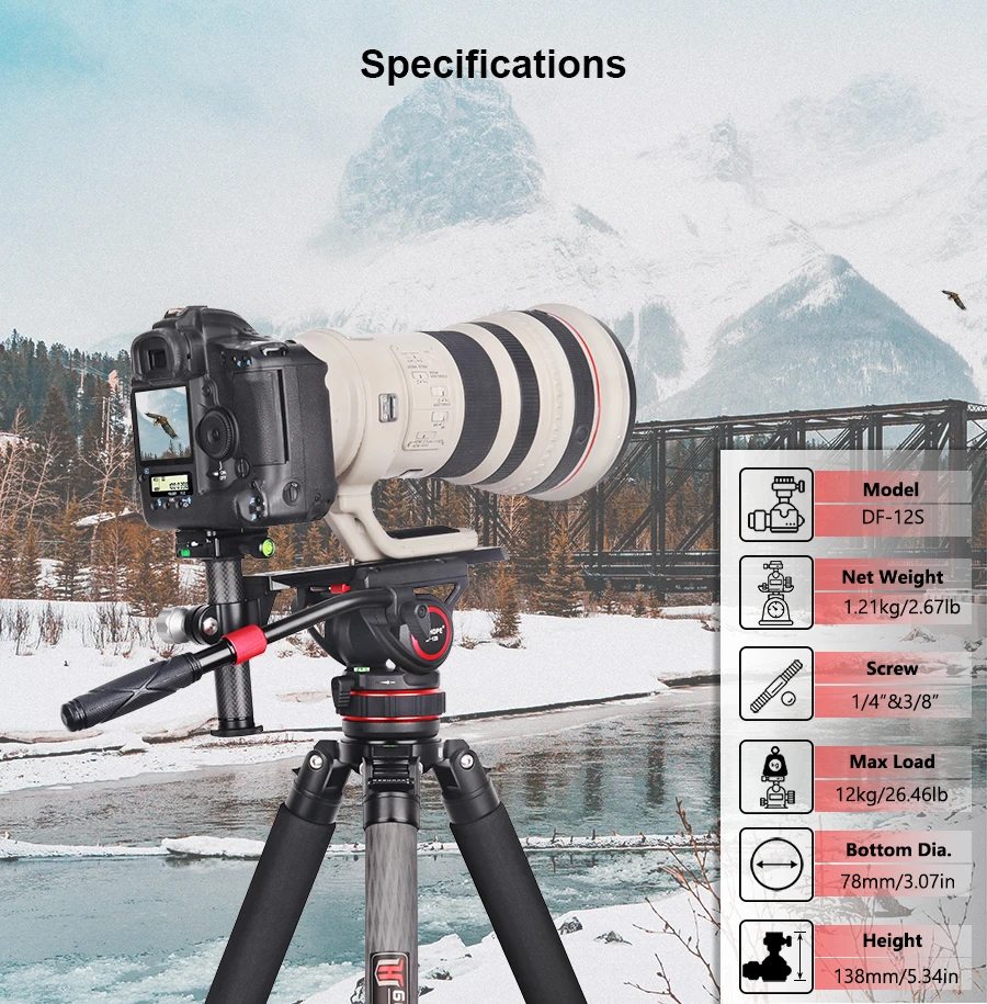 DF-12S Tripod Heavy Duty Fluid Head with Stepless Adjustable pan head,for Manfro