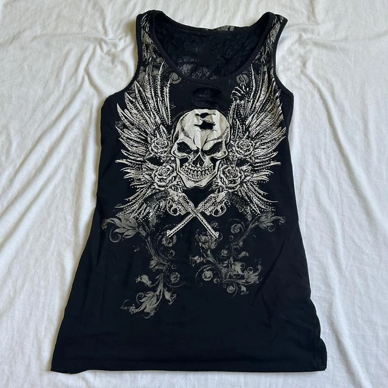 Japanese Emo Lace Backless Crop Top 2000s Skull Wing Print