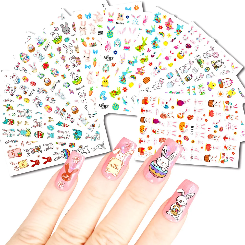 12 Sheets Easter Day Series Beautiful 3D Colorful Eggs Rabbits Adhesive Nail Art Stickers Decals Manicure Ornaments Accessories