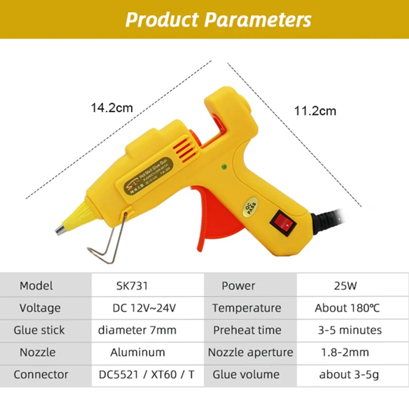 12V/24V Hot Melt Glue Gun AC to DC Adapter XT60 T-type Mini Glue Gun with 7mm Sticks Model Aircraft Repair Tool