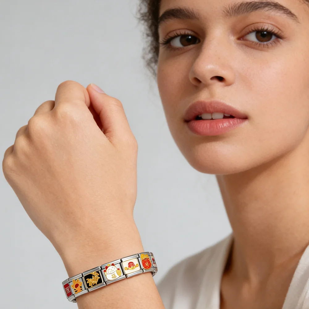 GEMOSA Bunter, niedlicher Schmuck im chinesischen Stil, italienische Glieder, passend für 9 mm Edelstahlarmbänder, DIY-Charm, Valentinstagsgeschenkherstellung – Detail 6