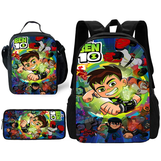 Child School Cartoon Ben Tennyson 10 Backpack with Lunch Bags ,Pencil Bags ,School Bags for Boys Girls Best Gift