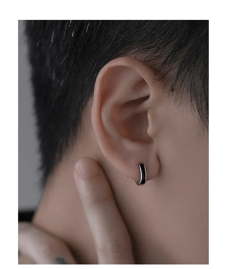 GXGlint 925 Sterling Silver New Trendy Men's Hoop Earrings in S925 Silver with Jelly Drip and Earlobe Care Men's Black Earrings