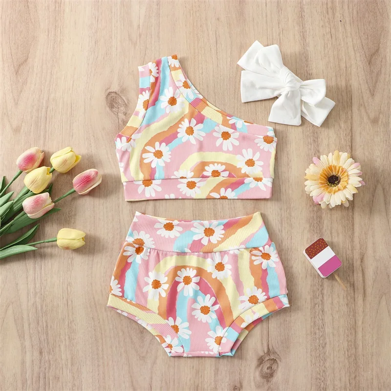 

Infant Baby Girls Three Piece Swimsuits Rainbow Floral Print Bikini Set Sleeveless Bathing Suit Summer Swimming Pool Beachwear
