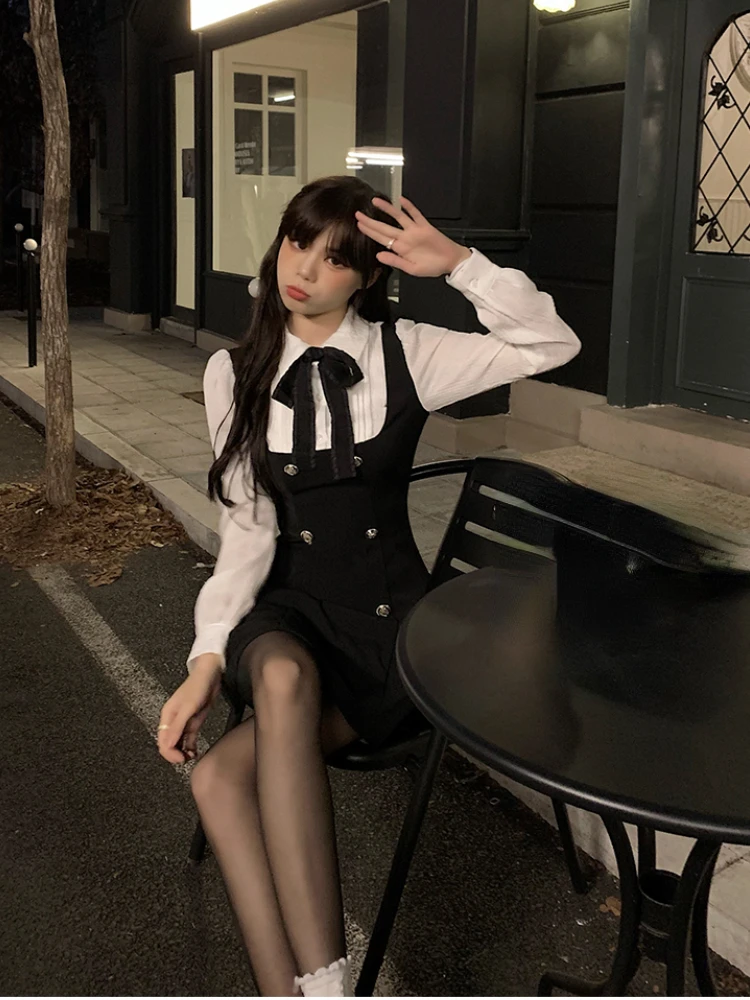 2022 Autumn Fake Two Dress Women Slim Chic Long Sleeve Bow