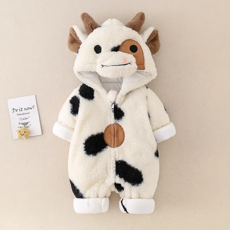 

Lovely Cow Baby Girls Boys Romper Jumpsuits Winter Thicken Onesie Cartoon Children Bodysuit Soft Hoodie Coverall