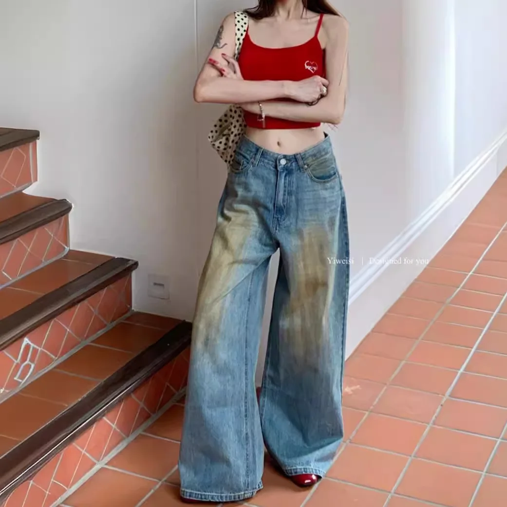 

Summer retro distressed dirty denim wide-leg floor-length trousers