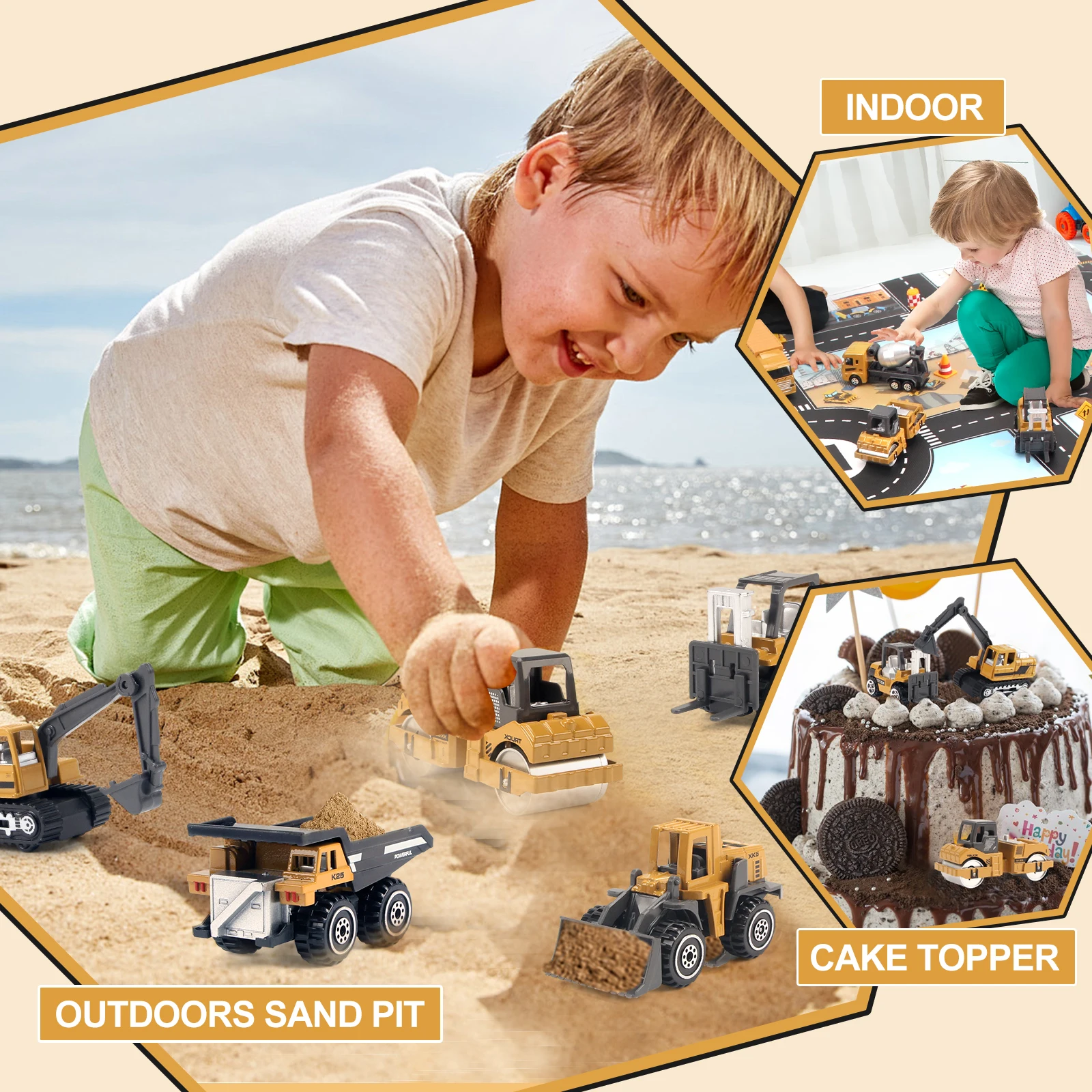 8pcs/set Alloy Engineering Truck with Road Sign&Mat Classic Construction Model Vehicle Excavator Loader Tractor Toy Car for Boys 6