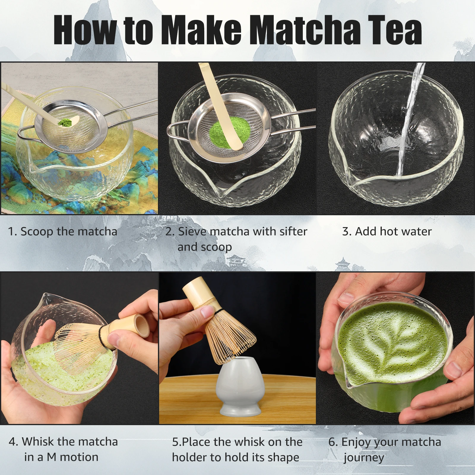 7Pcs Matcha Starter Set Japanese Handmade Matcha Teaset Gift Box with Glass Bowl Bamboo Spoon Ceramic Whisk Holder and Sieve