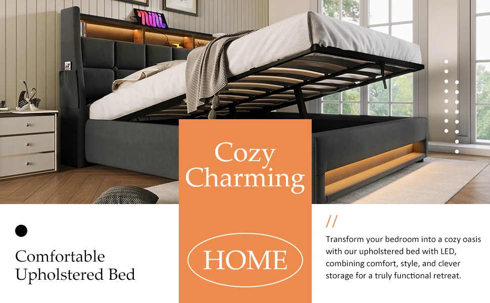 Queen Lift Up Bed Frame with Charging Station & LED Lights, Upholstered Bed