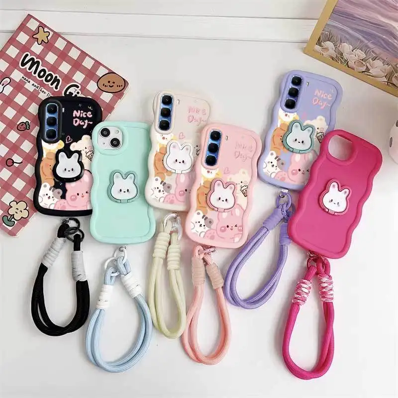Cute Cartoon Animals Phone Case Set with Lanyard and Rabbit Stand – 3-Piece Bundle