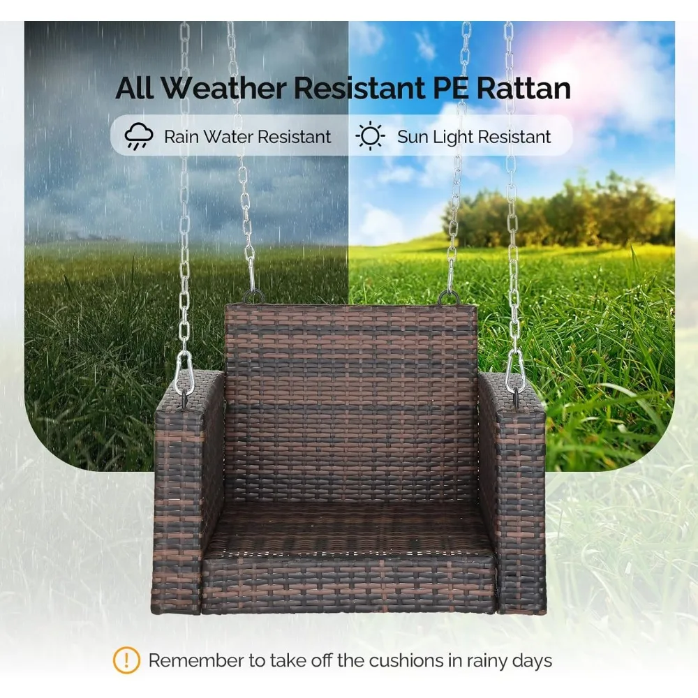 2.2 FT 1-Person Use Rattan Porch Swing Outdoor Support 440 LBS with Cushions & Adjustable Chains, Patio Wicker Swing Bench Chair 5