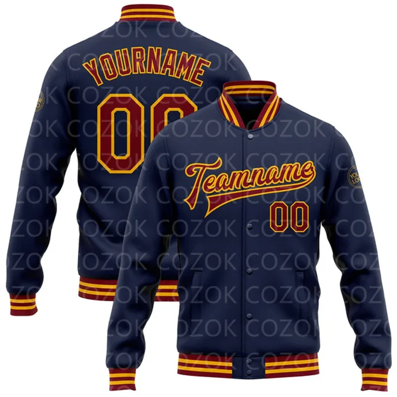 3D Printed Baseball Button Jacket Bomber Full-Snap Varsity Letterman Jacket Yellow Red Black