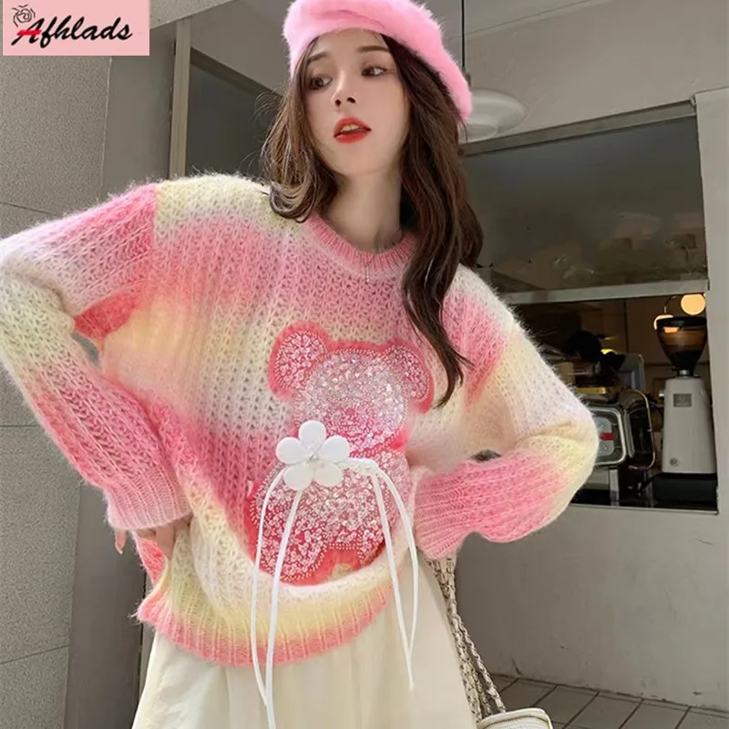 

Design Straight Sequins Cartoon Striped Long Sleeve Sweater Top Autumn New Sweet Loose Outerwear Pullover Knit Women's Clothing