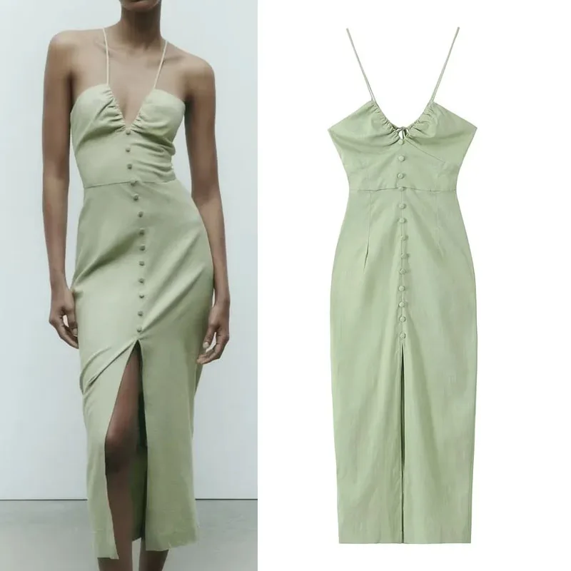 

Green Corset Midi Dress Woman Ruching Thin Straps V-Neck Dresses Slit At Hem Back Tie Women Dress Summer Sexy Chic