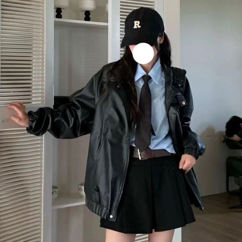 2023 New Fashion Loose Network Red Spring Autumn Japanese Retro Buckle Motorcycle PU Leather Jacket Coat Loose Couple Top Trend