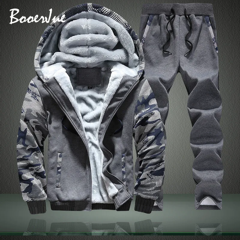 New Winter Tracksuits Men Set Thick Fleece Hoodies+Pants Suit