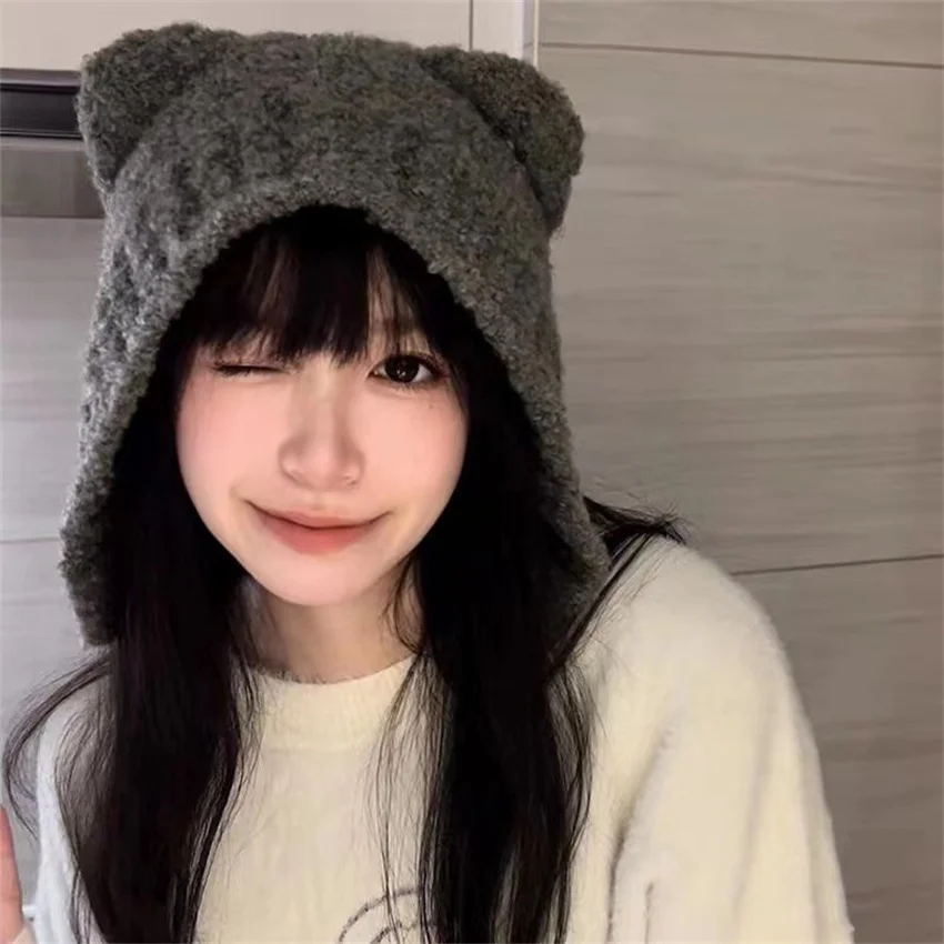 Women’s Cute Bear Ear Knitted Hat – Warm Ear-Covering Winter Beanie