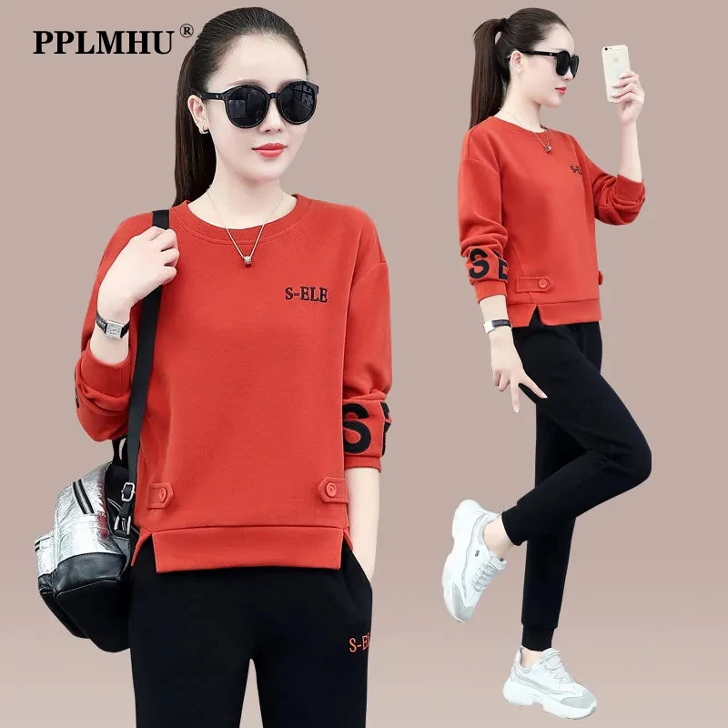 

Повседневный тренировочный костюм с длинным рукавом, Модный пуловер с круглым вырезом, свитшот и спортивные брюки, Женский комплект из двух предметов, спортивный костюм