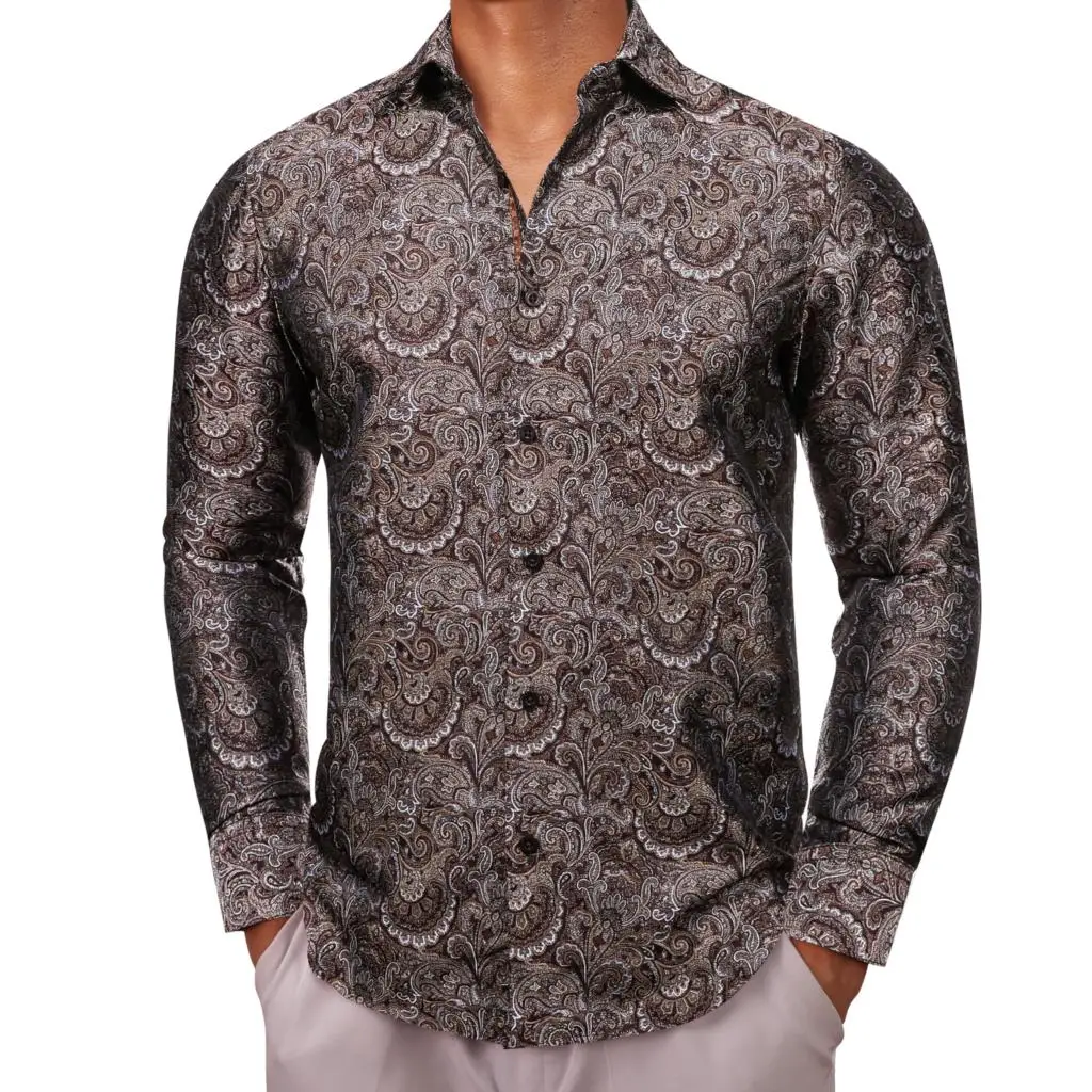 

Luxury Shirts for Men Silk Long Sleeve Brown Flower Slim Fit Male Blouses Casual Formal Tops Breathable Barry Wang