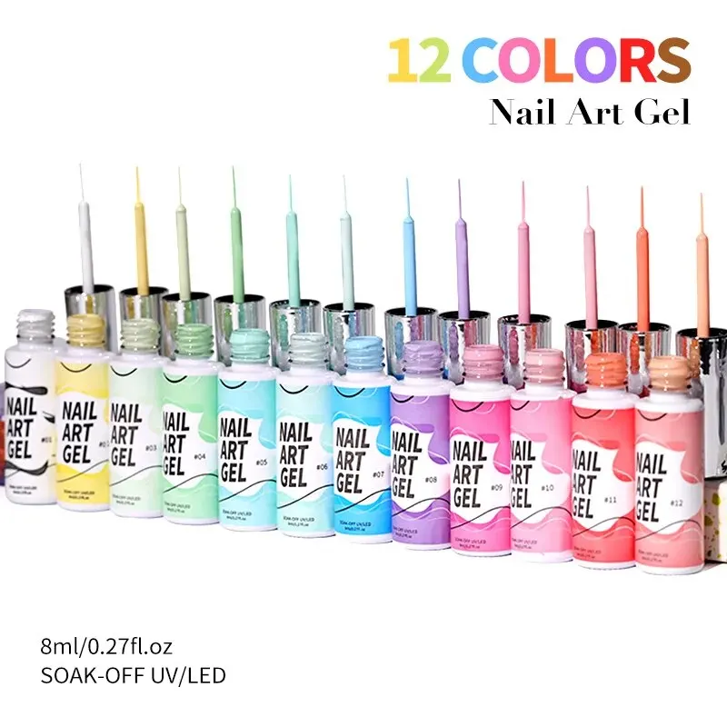 Painted Nail Polish Set, 12 Color Line Art Painted Gel Nail Polish Set Glitter For Nails Painting Drawing Soak Off UV LED Curing 5