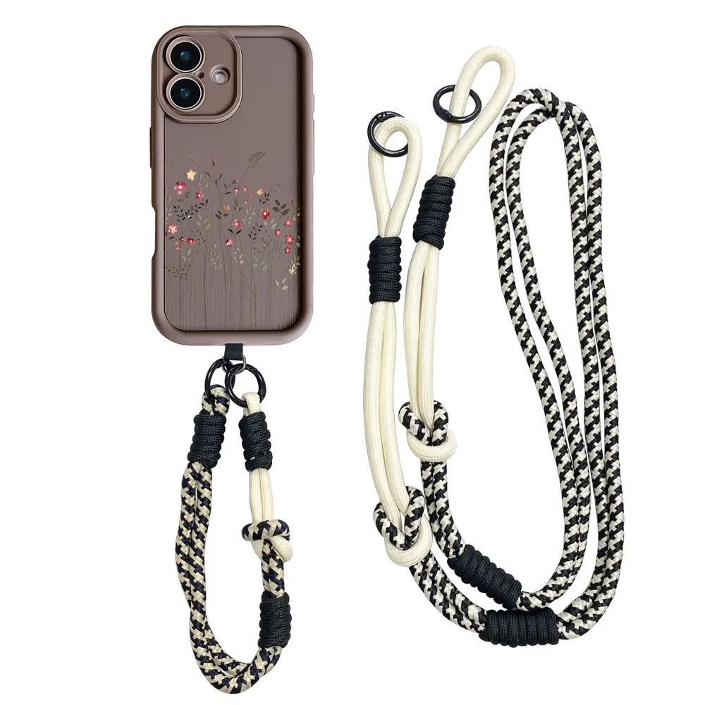 Floral Crossbody Lanyard Phone Case with Necklace Strap and Wrist Chain Cover