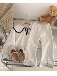 Girls' Spring & Autumn Fashion Baby Doll Neck Long-Sleeve Hoodie and Pants Set - 7 (BZ3491 gray)